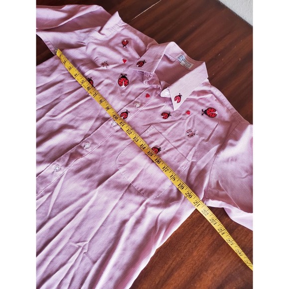 Womens Long Sleeve Button Up Shirt M Embordered Lady Bug Rhinestone The Blue - Picture 6 of 8